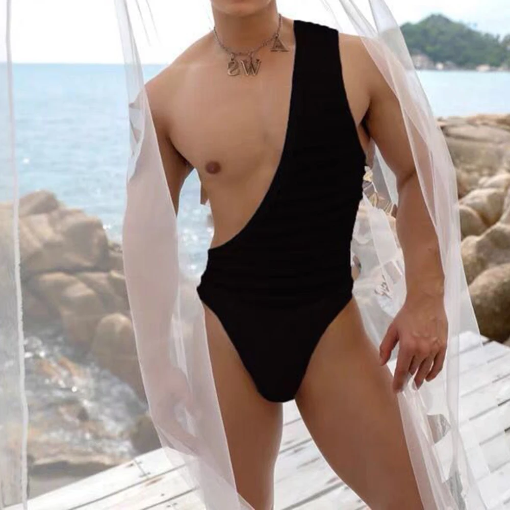 Sexy Solid One-shoulder Jumpsuit Male slim Sleeveless Bodysuit LGBT One-piece Bodysuit Siamese Underwear Pajama Erotic Lingerie