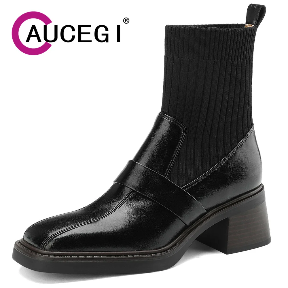 

Aucegi New Arrival Autumn Winter Square Toe British Ankle Boots Brown Thick Heel Women's Genuine Leather Splicing Knitting Shoes