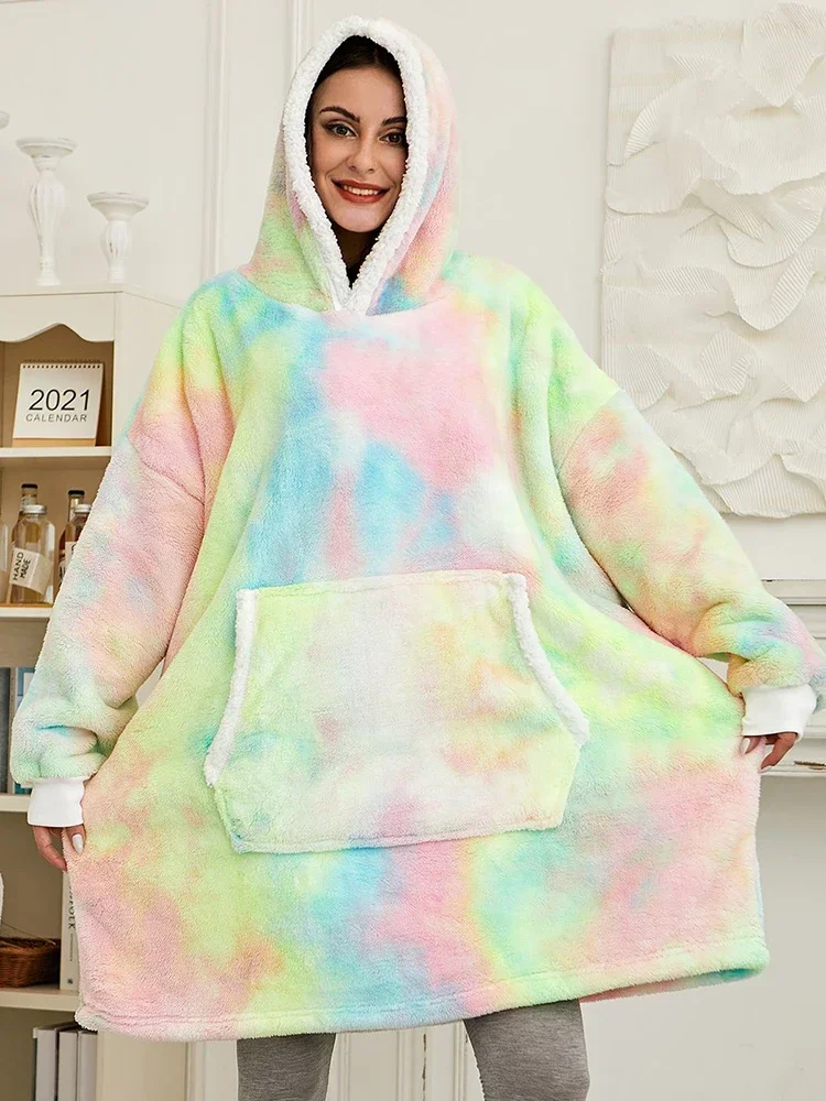 

Oversized Winter Hoodie With Sleeves Fleece Sweatshirt Tie-dye Women Hoody Plaid Pocket Hooded Sweat Wearable Blanket