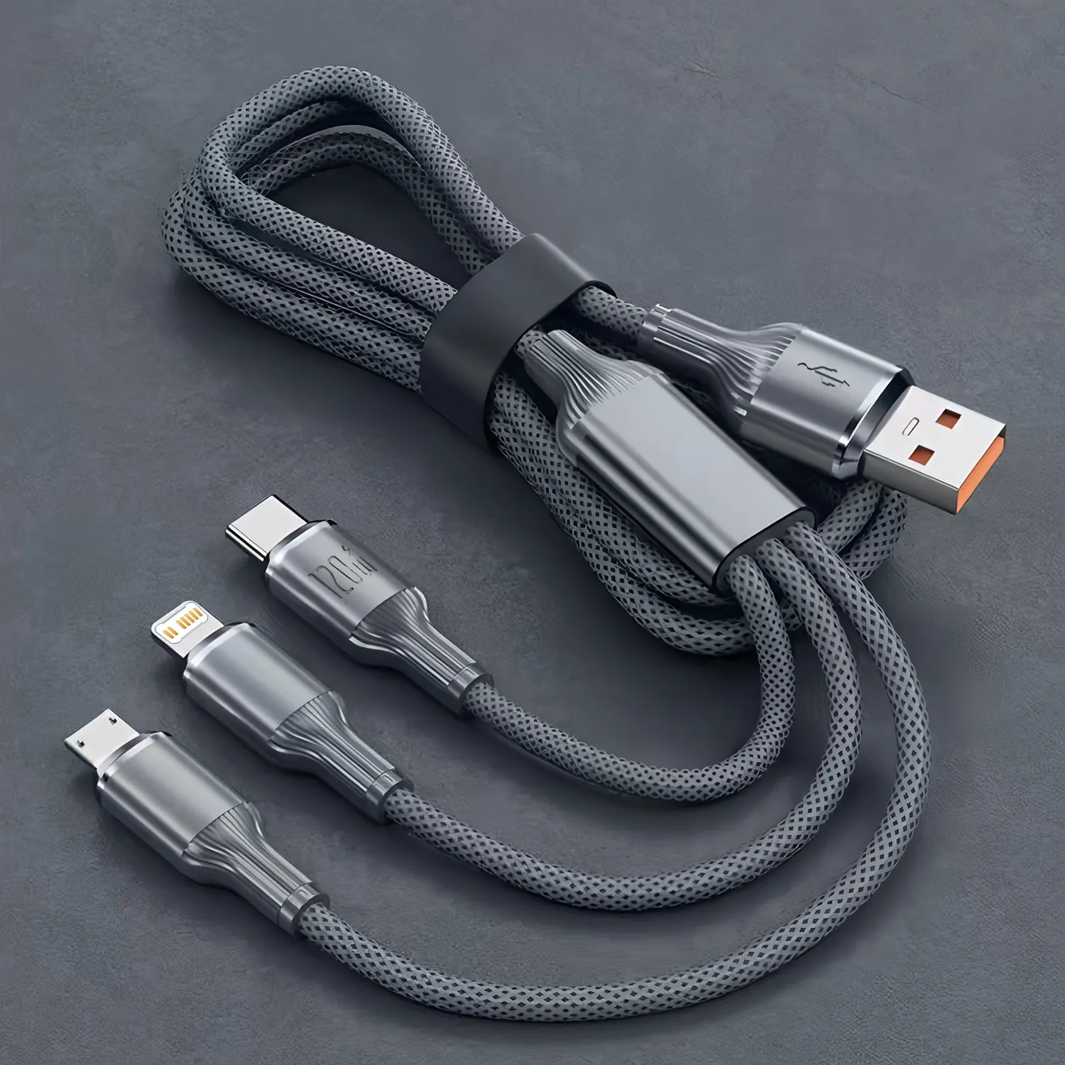 Multi-Port USB Charging Cable 120W Fast Charging Type-C + Lightning + Micro-USB Nylon Braided iPhone Android