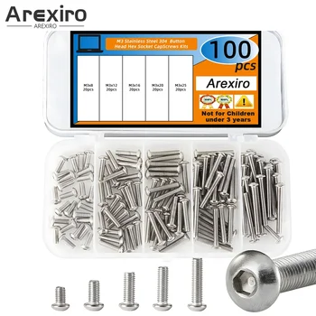 100/200PCS M3 x 8mm 12mm 16mm 20mm 25mm Button Head Socket Cap Screws Bolts Kit Stainless Steel 304 Metric Allen Hex