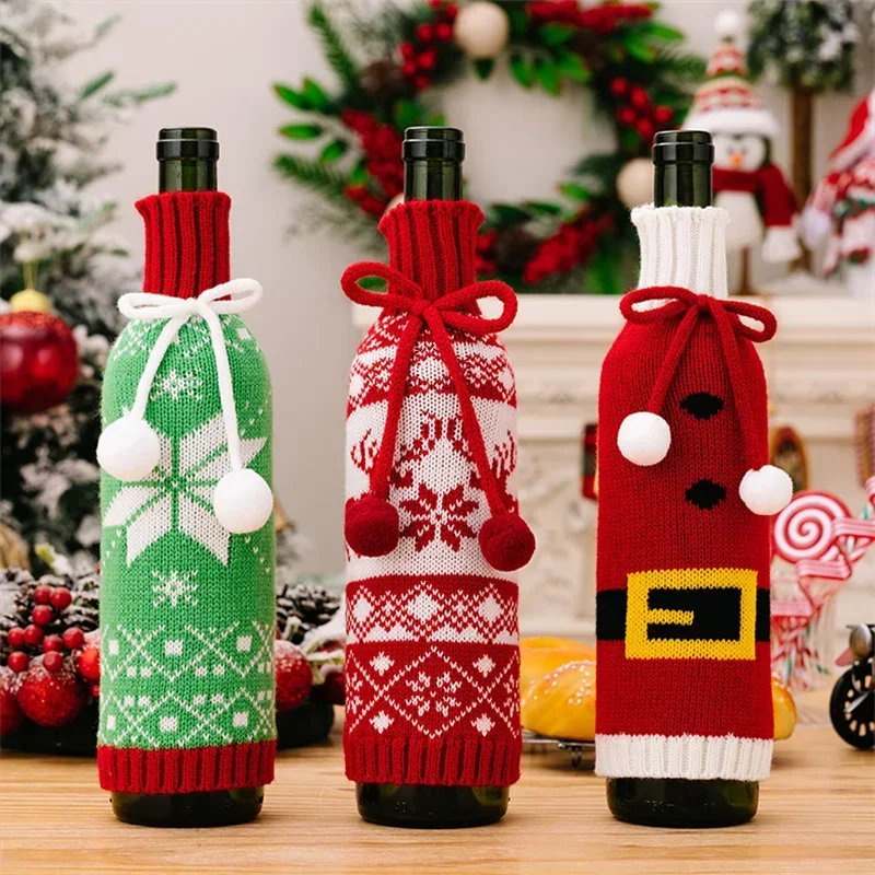 Description Picture 2 of itemChristmas Wine Bottle Cover Table Dress Knitted Snowflake Elk Belt Pattern Wine Bag Kitchen Tableware Xmas Ornament Party Gift