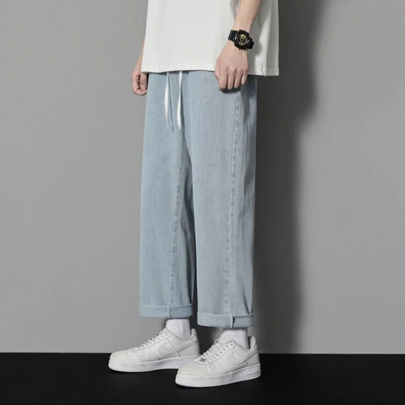 Spring New Hong Kong Style Trendy Loose Wide Leg Jeans Men's Elastic Waist Drawstring Pocket Men's Trendy Casual Straight Pants
