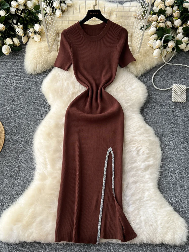 SINGREINY Senior Luxury Slim Dress Ladies O-Neck Bodycon Sequins Split Chic  Design Summer Fashion Knitted Women Sexy Midi Dress - AliExpress 200000345