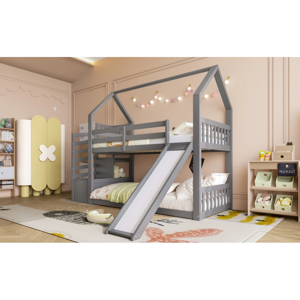 Etagenbett mit Treppe und Rutsche, Hausbett (ohne Matratze), Kinderbett mit Geländer, geeignet für Kinder, 90x200cm – Detail 37