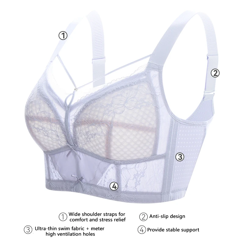 Women Breathable Bras Gathered Underwear Solid Bras Slimmer Look Lightweight Comfortable Plus Sizes Prevent Breast Sagging