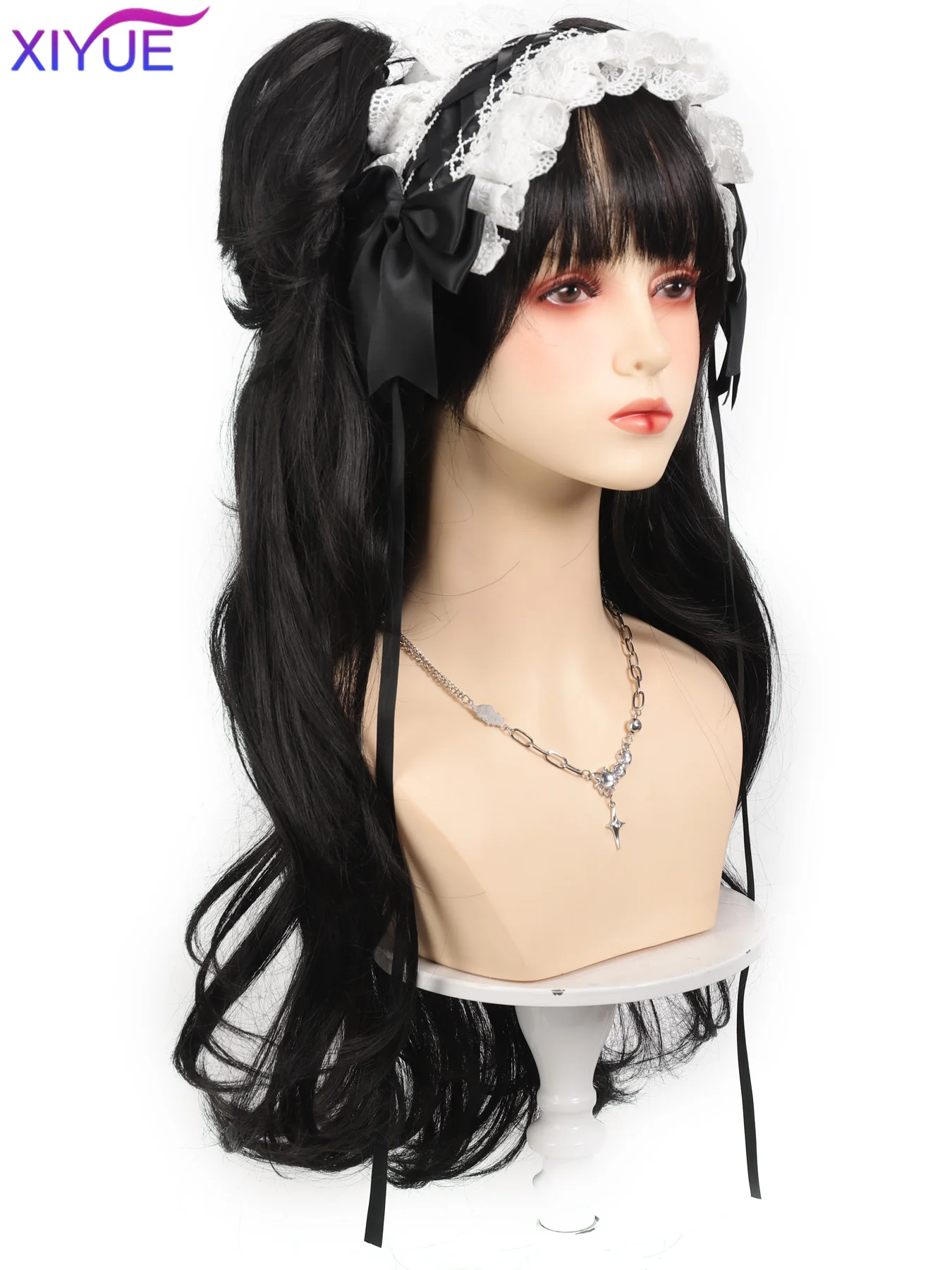 Synthetic Black Wig with Long Ponytail Short Straight Wig Lolita Cosplay Party Harajuku Blonde Wig With Bangs for Women