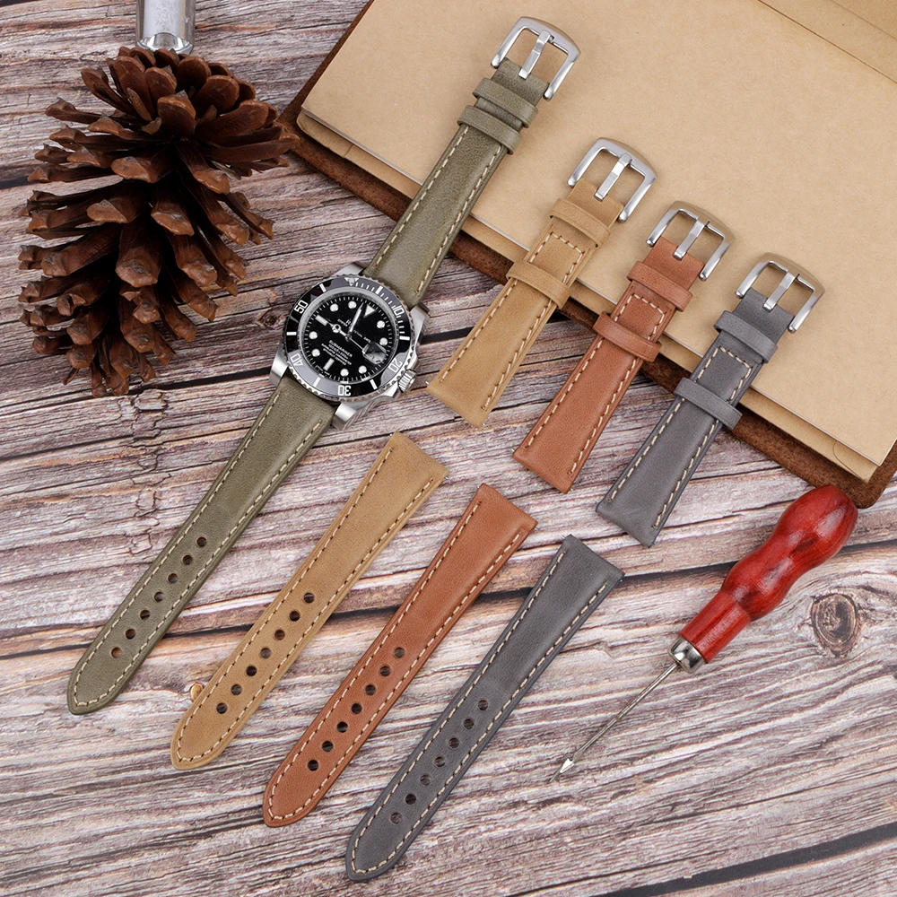 Genuine Leather Watchband 20mm 22mm Handmade Watch Strap Vintage Watch Accessories for Panerai Smartwatch Bracelet