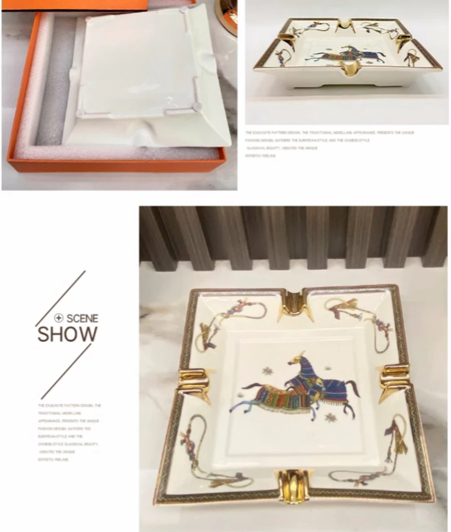Luxury Ceramic Cigar Ashtray With Gift Box Package Warhorse Pattern Ash Holder Cigarette Holders 2/4 Grooves Available ceramic ashtray