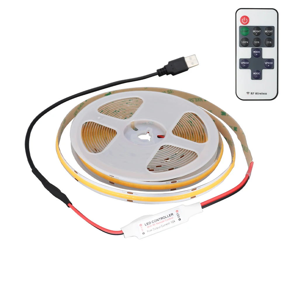 COB LED Strip USB 5V 2M Dimbaar Natuurlijk Wit 4000K Zelf Adhesieve
