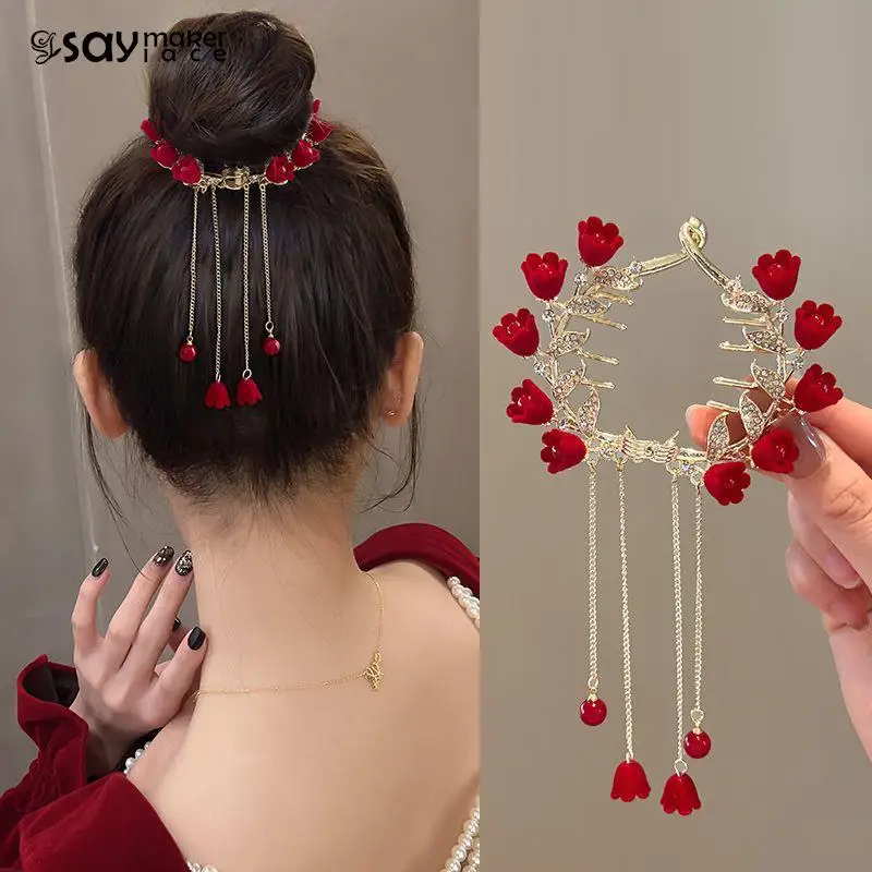 술 동백나무 헤어 클로 클립 필 헤드 포니테일 버클 헤어 클립 벨 난초 트위스트 헤어 클립 개구리 버클 헤어 그립, 1 개 