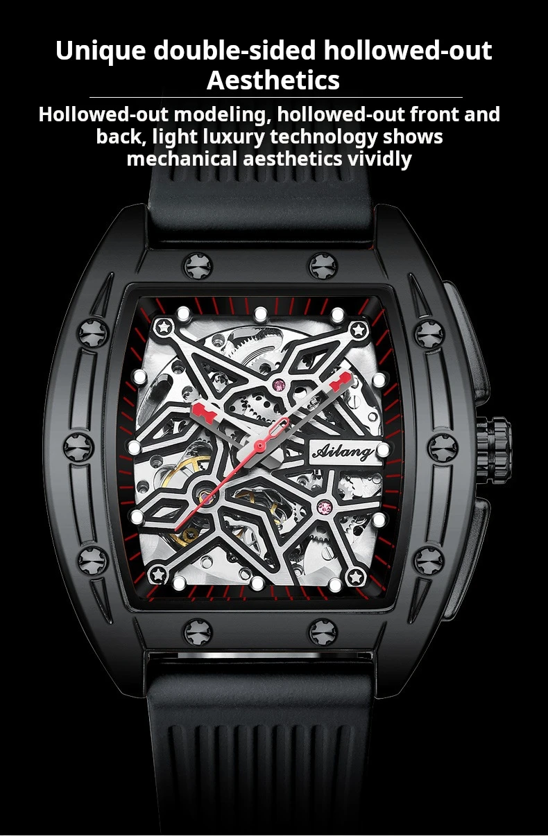 AILANG Brandneue Herrenuhr mit hohler mechanischer Uhr, modisches Lederarmband, wasserdicht, Skelett-Automatikuhr, Herren-Sportuhr_voghion.com