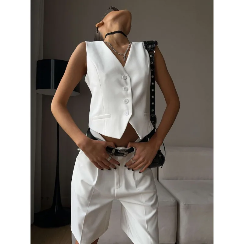 V-Neck Sleeveless Female 2 Piece-Set Casual Slim Straight Trousers Pocket Solid High Street Outfits Fashion Shorts Sets
