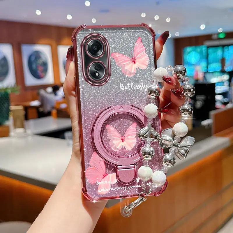 Perle Strap Glitter Schmetterling Telefon Halter Fall Für Oppo A38 A36 A76 A58 A57 A74 A78 A5 A7 A79 A95 A60 A18 A53 A17 A16 4G 5G