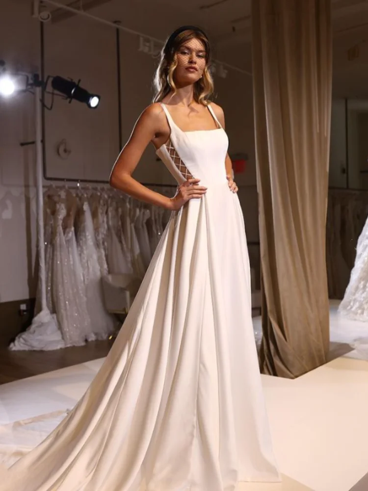 

Simple A Line Wedding Dress Satin With Square Collar Sleeveless With Spaghetti Straps Floor Length With Sweep Train Bridal Gowns