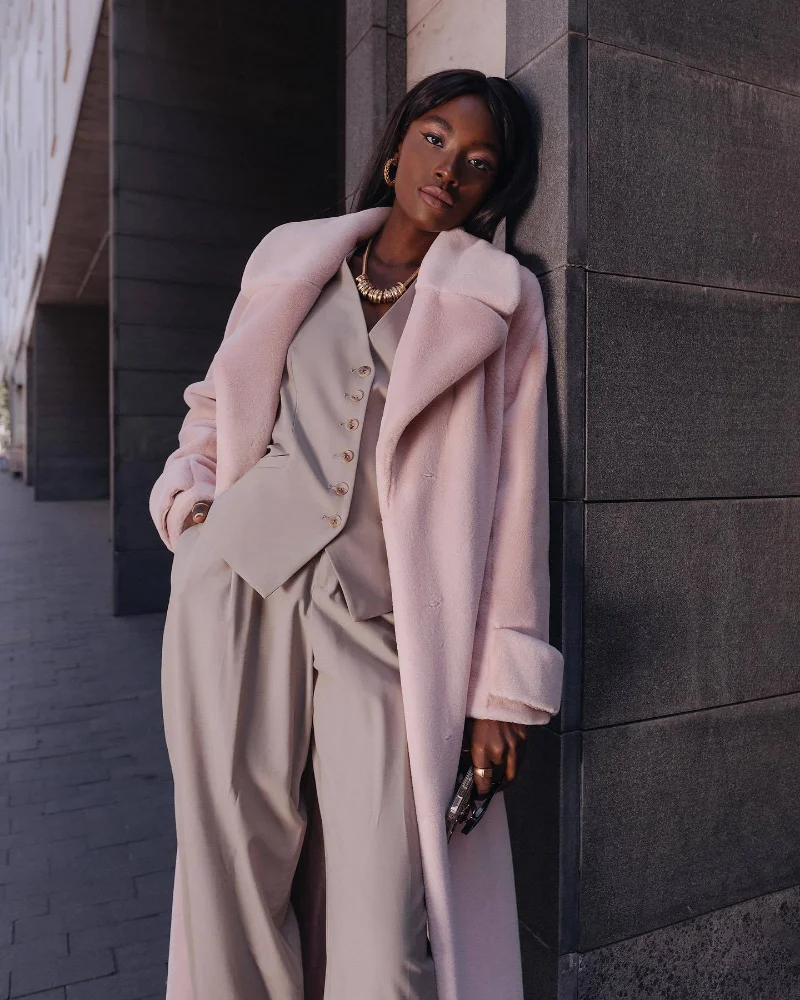 Rabbit Hair Imitation Faux Fur Coat Lapel Wool Coat Fashion Lantern Sleeve Long Tunic Women Trench Coat Thick Woolen Coat
