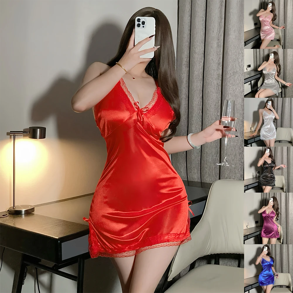 Sexy Lingerie Women Satin Suspender Nightdress Thong Pajama Thin Lace Slit Bow Singlets Dress Teddies Bodysuit Sexy Outfit women nightgowns,women camisole,women nightdresses,women pajamas,sleeping dress,women lingerie set,women lingerie