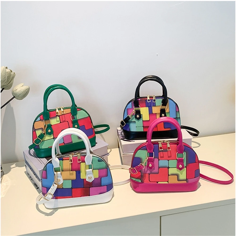 

Geometric Color Clash Single Shoulder Bag Fashion PU Seashell Crossbody Bag With Zipper Small Capacity Vintage Versatile Handbag