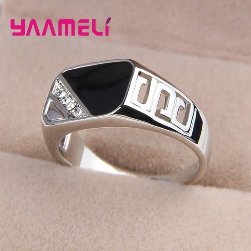 Classic Male Wide Band Ring 925 Sterling Silver Plated White Black Rhinestone Square Statement Hip Hop Jewelry silver rings silver ring silver plated ring