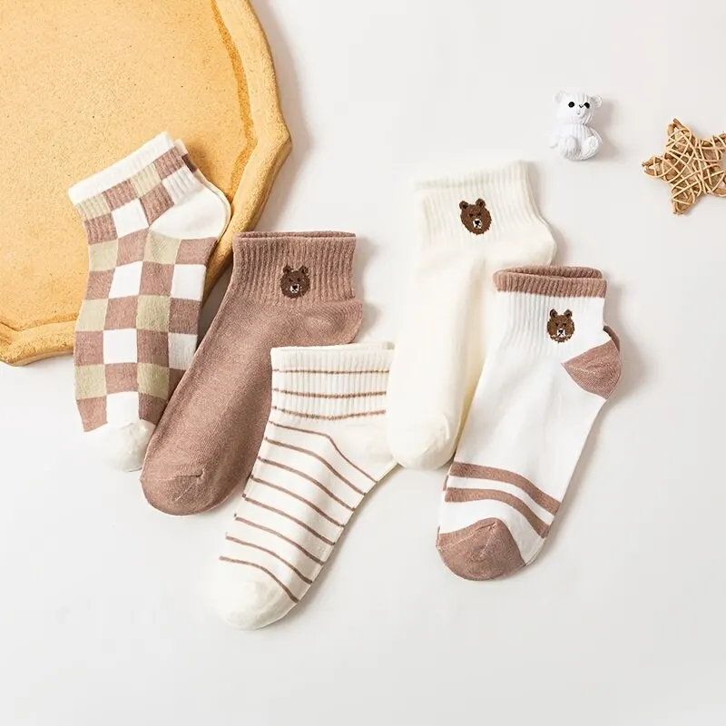 5 Pairs Teddy Bear Ankle Socks Comfy Cute Crew Short Women's Stocking & Hosiery