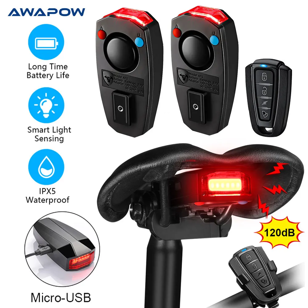 Awapow – lumière de vélo Anti-vol, alarme sans fil étanche, détection de frein automatique, télécommande USB, feu arrière de vélo, klaxon, alarme