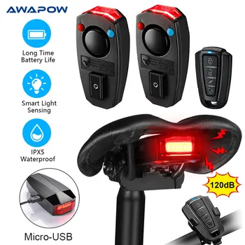 Awapow-자전거 라이트, 도난 방지 알람 무선 방수 자동 브레이크 감지 원격 제어 USB 자전거 미등 경적 램프 알람