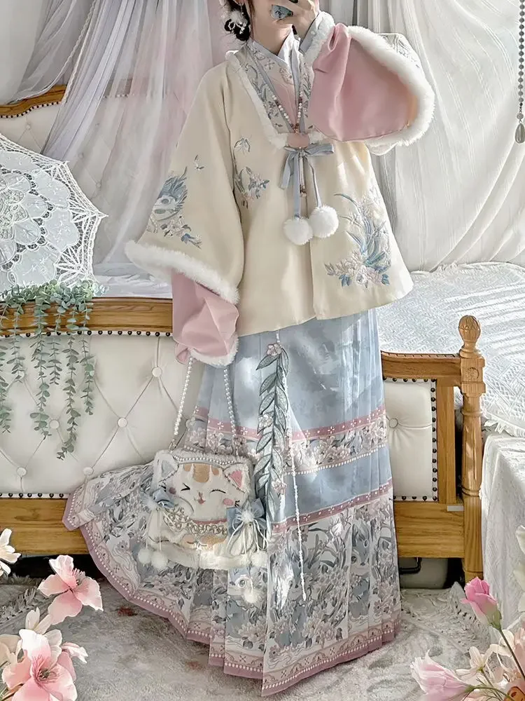 

Женский теплый костюм Hanfu в китайском стиле с вышивкой стильный костюм с воротником пиджак с перекрестным воротником Зимняя одежда Hanfu нового года