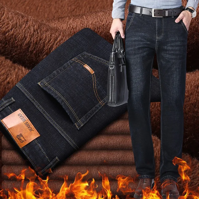 Men's new high quality warm winter jeans famous brand straight wool trousers 