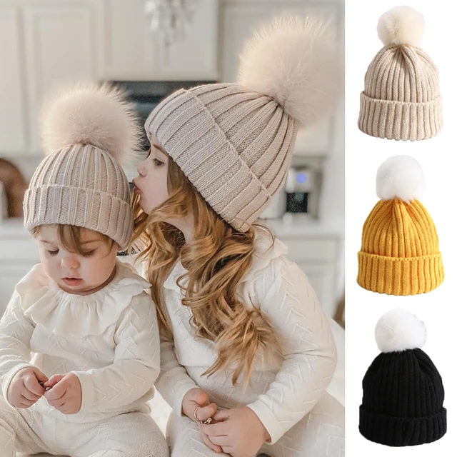 Yeni ponpon bebek örme şapka kış sıcak bebek erkek kız şapka kap bere düz  renk yürümeye başlayan çocuklar şapka kaput Gorras - AliExpress
