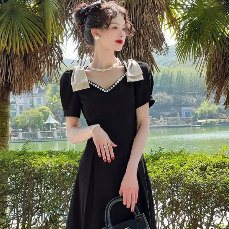 D & M French Retro Court Style Black Slim Female 2022 Summer Fashion New Hepburn Women Dress