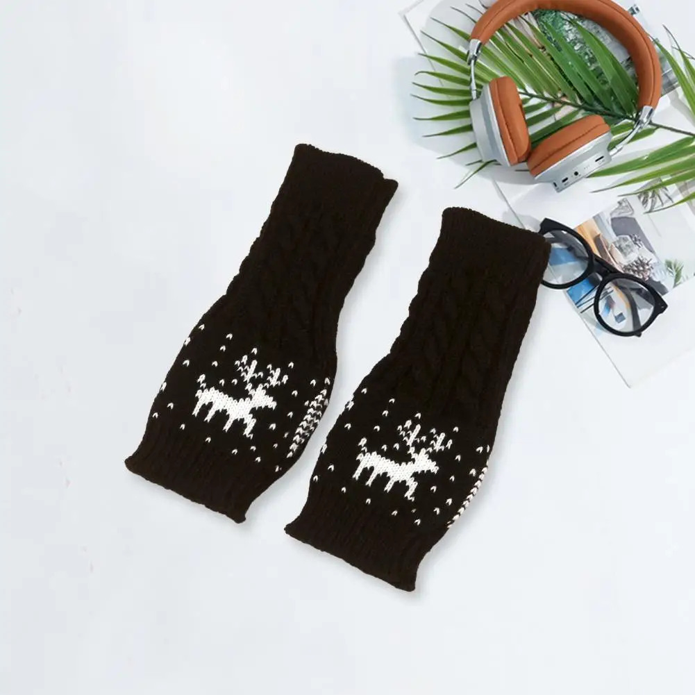 

Winter Warm Gloves Non-slip Gloves Cozy Winter Typing Gloves Knitted Half Fingers Elastic Elk Print Anti-slip Wrist for Students