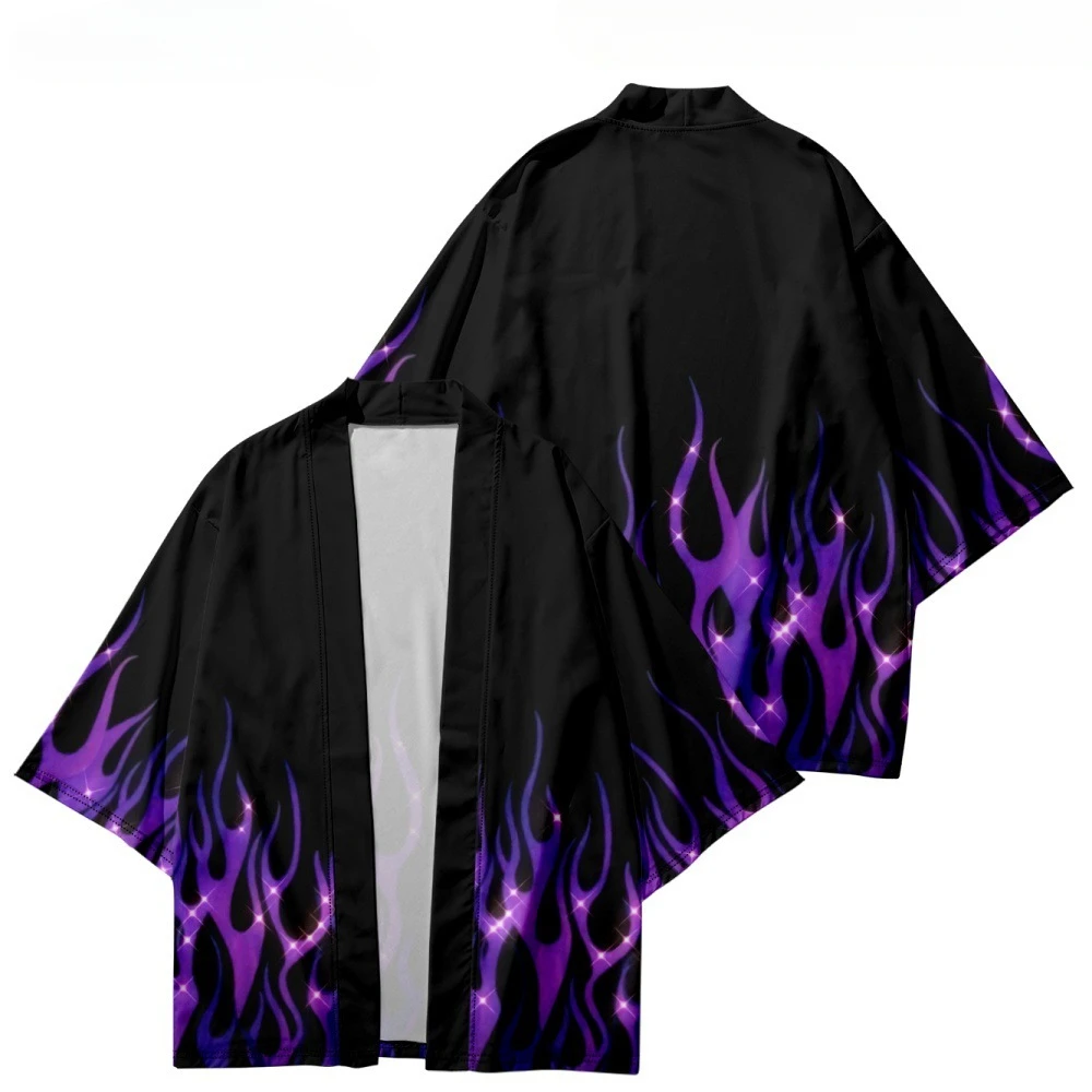 Samurai Beach Cardigans Loose Kimonos Cosplay Tops for Men and Women Capes Blue Flame Print