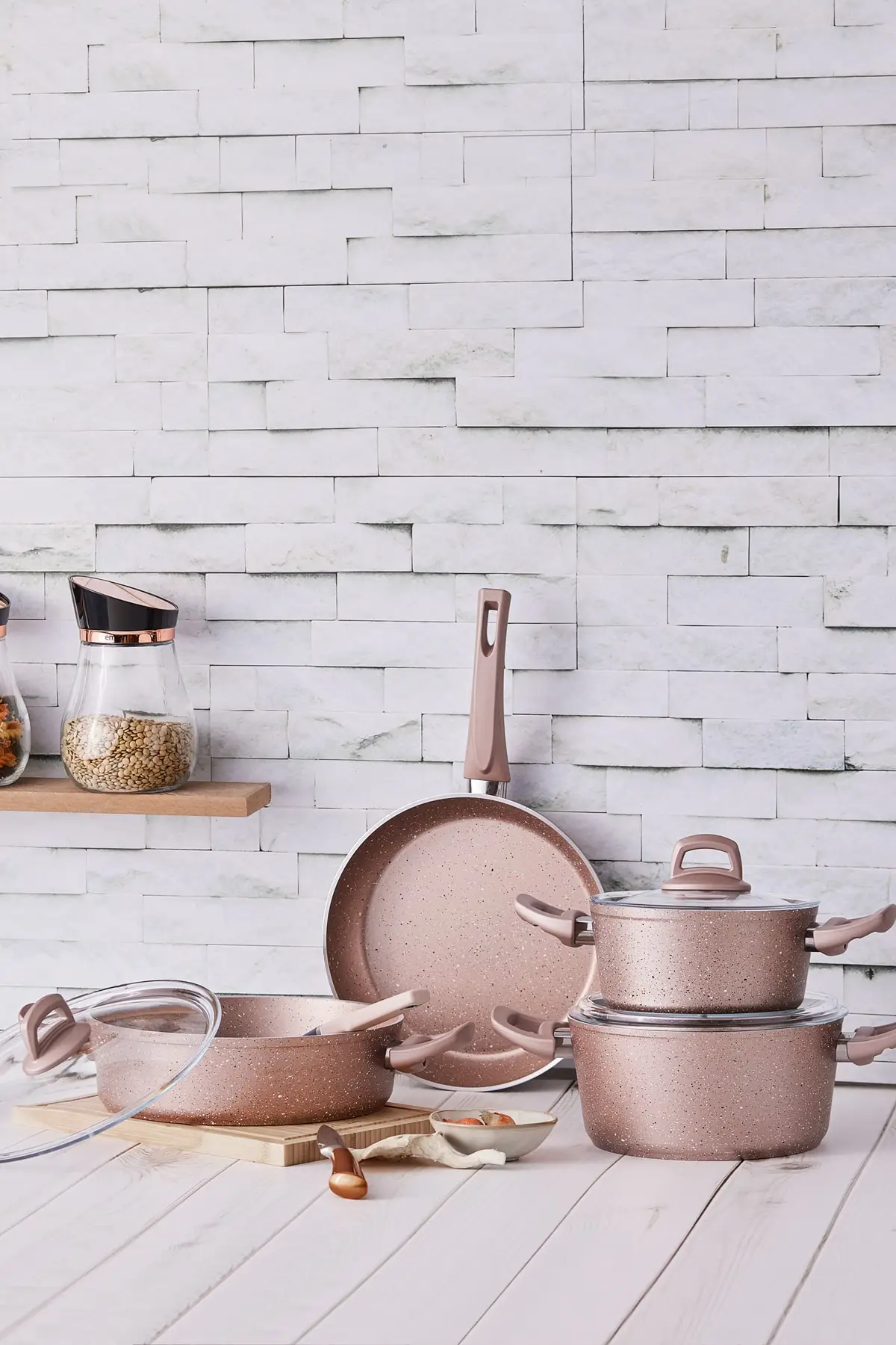 7 Piece Golden Pink Granite Cookware Set