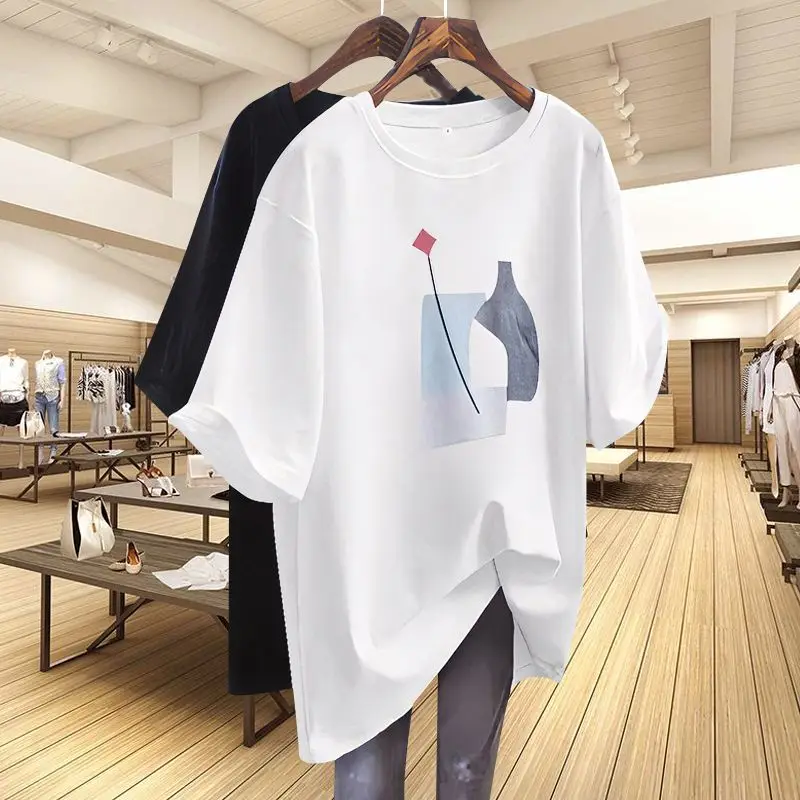 

Lady Crew Neck Loose Top Tees Summer Pure Cotton Short Sleeve Chic Printed M-6XL Pullover Women Casual Simple Basics T-shirt