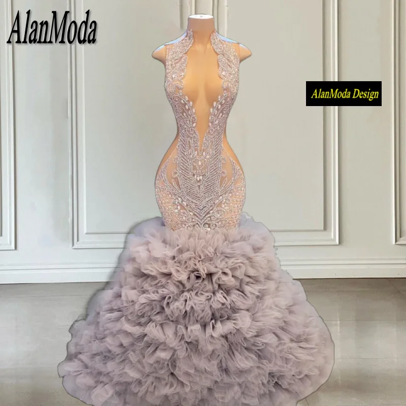 

Silver Prom Dress African Black Girls Luxury Crystal Rhinestones See Through Mermaid Party Gowns Puffy Tiered Ruffles