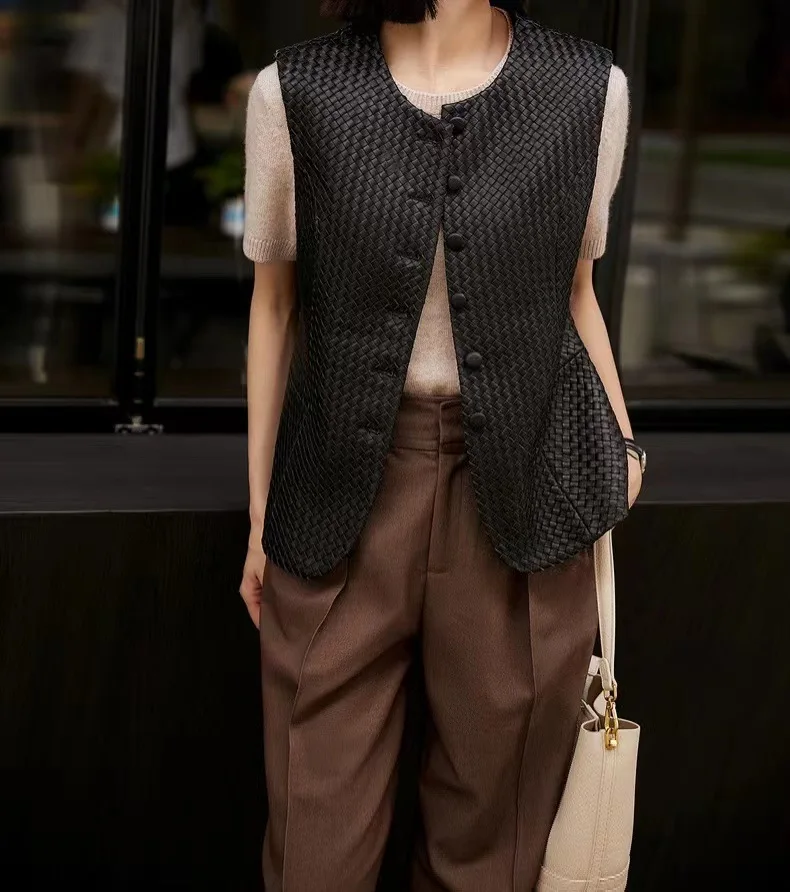 2024 New Fully Hand-woven Small Square Genuine Sheepskin Leather Vest Fashion Casual Woven Vest E8 vintage handmade bag set college backpack hand stitching sew diy material cambridge woven bag large pu leather capacity bag