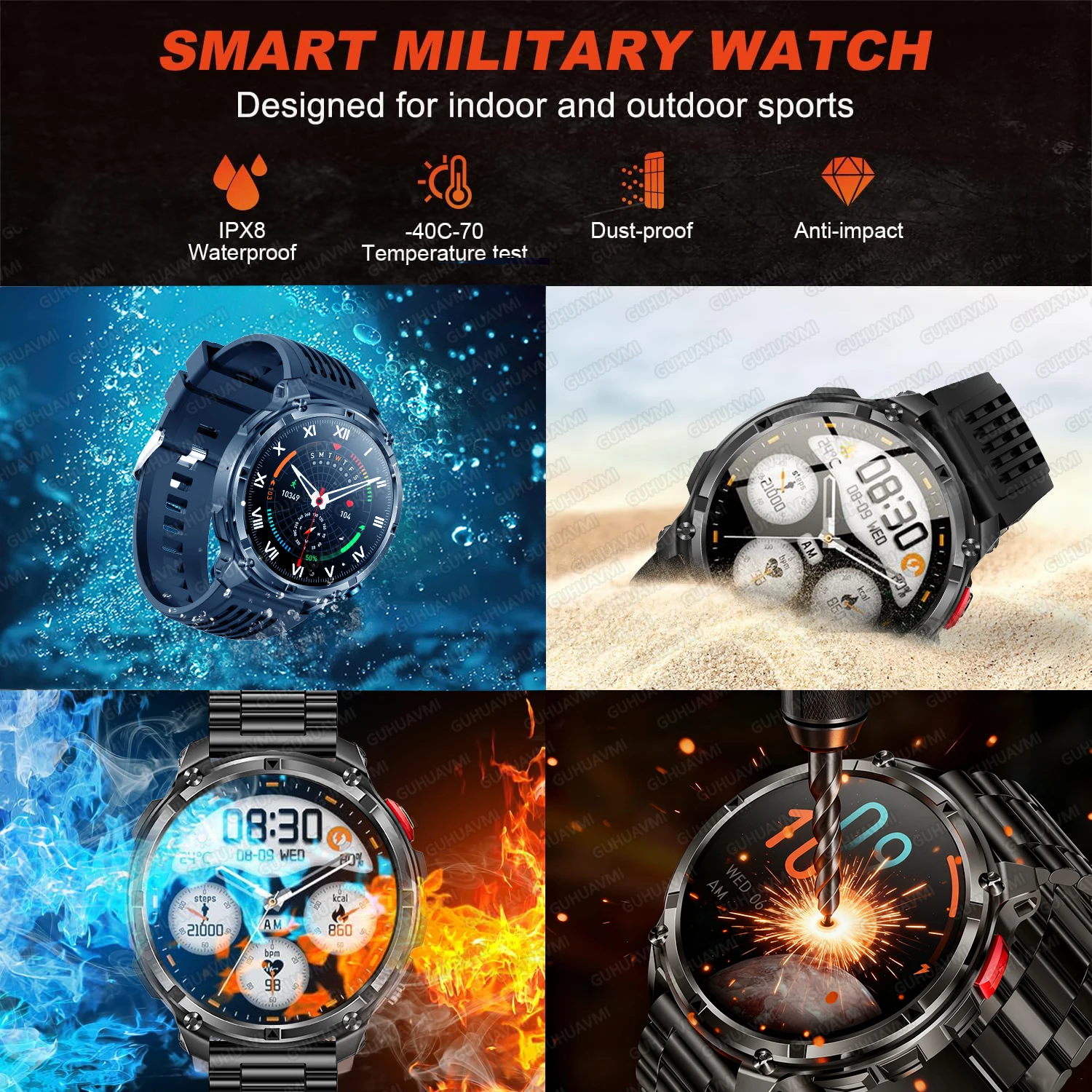 Men New 1100mAh Battery Watch Swim Waterproof Smartwatch US Certification Military Rugged Clock GPS Compass Sport Smart Watches