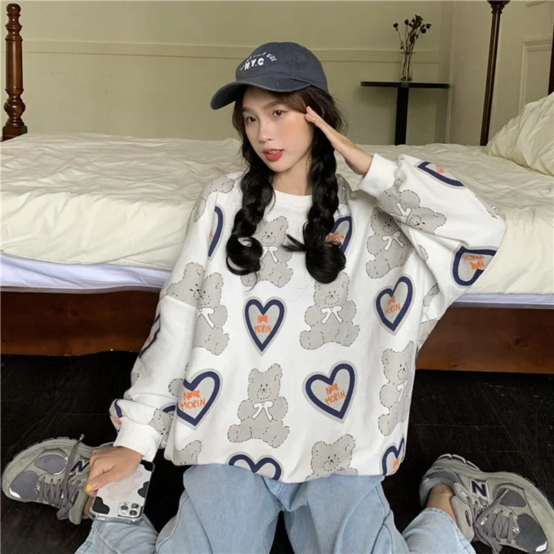 Oversized Ronde Hals Kawaii Beer Print Vrouwen Trui Lange Mouwen Herfst Hoodie Sweetheart Patroon Pullover Streetwear korean dorothea lange words and pictures