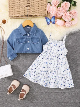 Girls Floral Halter Dress + Denim Jacket Two-Piece Set Spring Autumn Cute Baby Outfit Combination 1