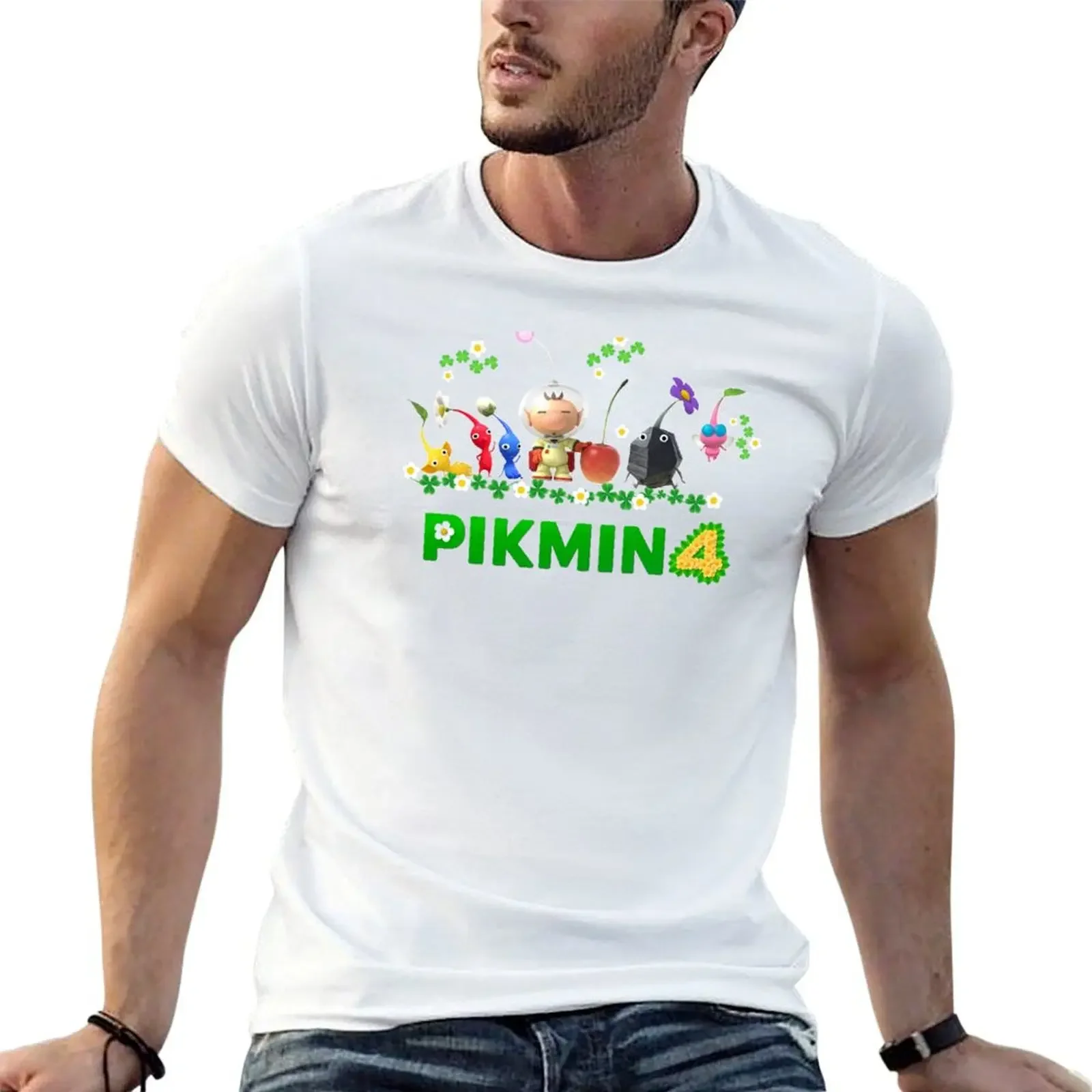 Pikmin, Pikmin 4, Rescue Pup Oatchi, Pikmin 2023, T-Shirt Nera E Verde Anime Blanks Maglietta Da Uomo