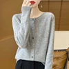 100% Wool Round Neck Cardigan Women's Solid Color Knitted Jacket Autumn And Winter Loose Casual Long Sleeved Sweater DMR D019 3
