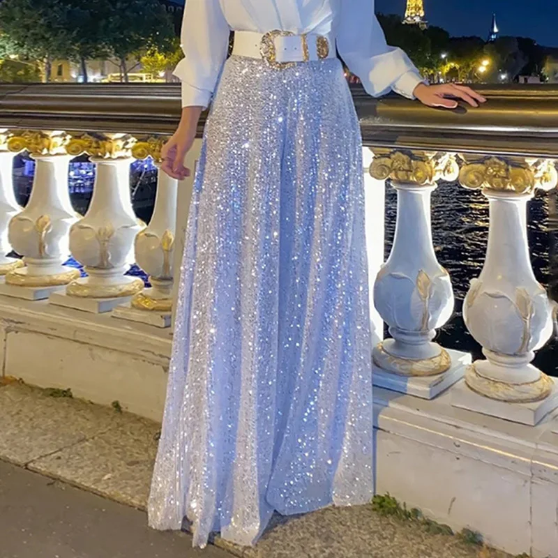 Fashion New V-Neck Women's Clothing 2023 Autumn Long-Sleeved Shirt With Elegant Waist-Slimming Sequin Wide-leg Pants Casual Suit