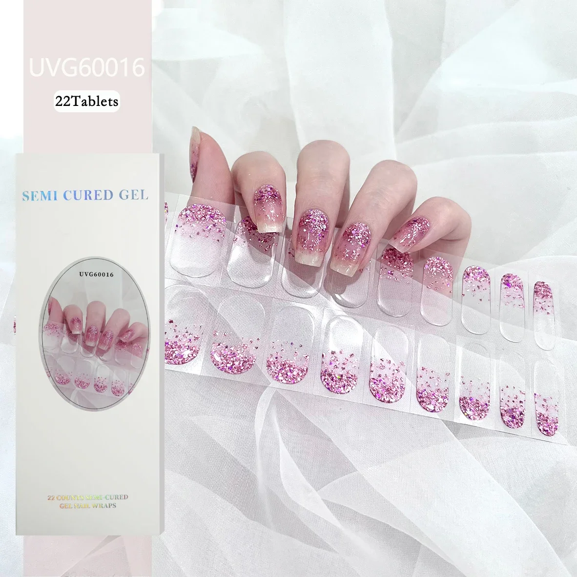 20/22 Tipps halbgehärtete Nagelfolien, einfacher farbiger Klebstoff, wasserdicht, langlebig, Gel-Nagelaufkleber-Set für UV-Lampe, Maniküre erforderlich – Detail 16