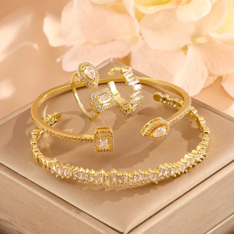 ZAKOL 4/2pcs AAA Cubic Zirconia Adjustable Open Bangles Rings for Women Shiny Geometric CZ Wedding Party Jewelry 2