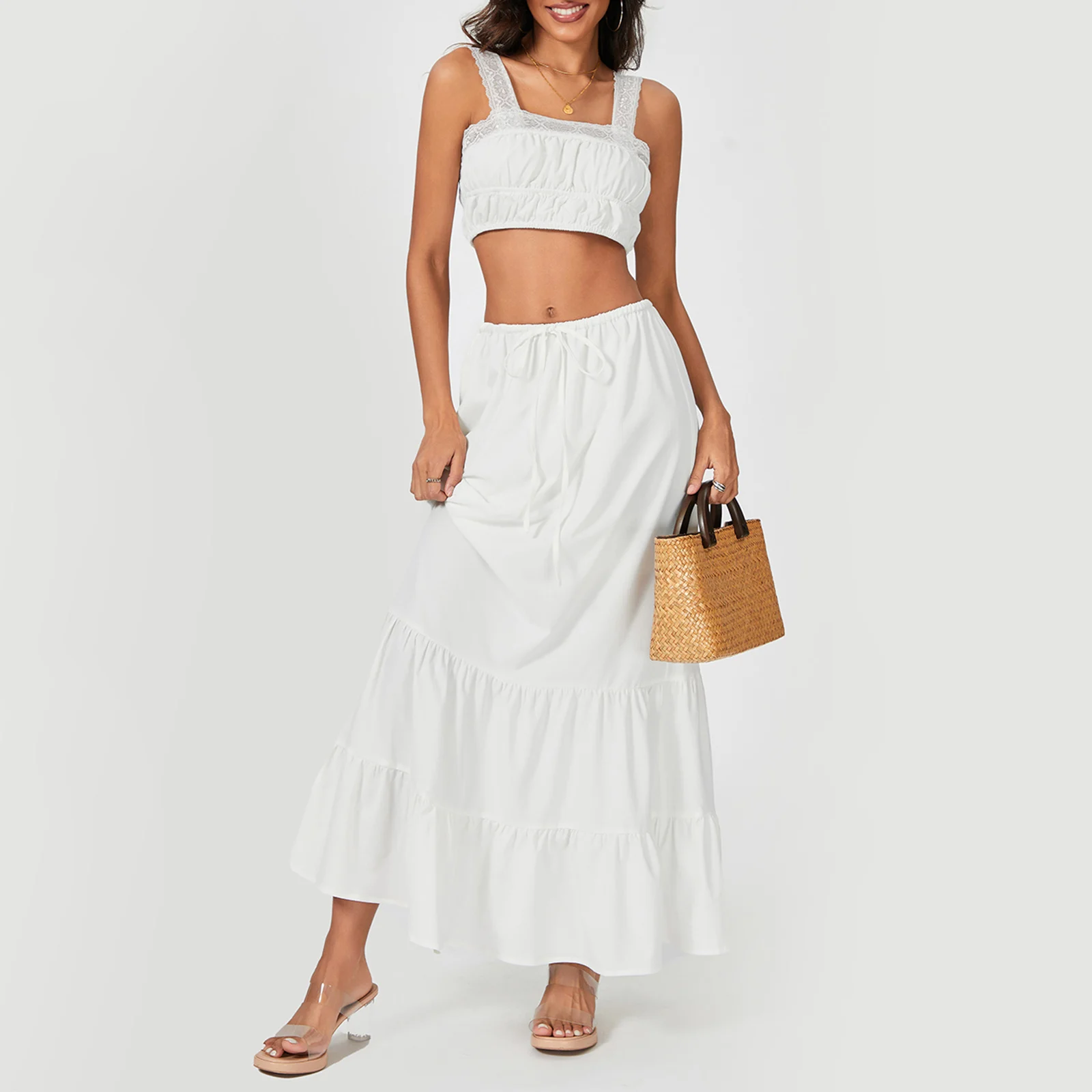 Women's Summer 2Pcs Outfits Fashion Elegant Lace Patchwork Crop Tank Tops with Tie-Up Long A-Line Skirt Set stainless marine bimini top jaw slide hinge heavy duty jaw slide sleeve boat hardware connecting hinge with bolt 2pcs 22mm 25mm