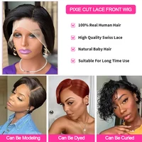 Perruque Naturelle Moins Cher Perruques coupe lutin cheveux humains perruques courtes Bob 13x4 perruque avant en dentelle pour les femmes noir coupe lutin perruque frontale transparente couches droites 4