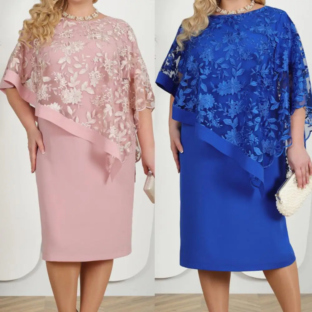 

Women Plus Size Fake Two-piece Dress O-Neck Embroidery Floral Mesh Shawl Formal Dress Knee Length Wedding Party Banquet Prom Dre