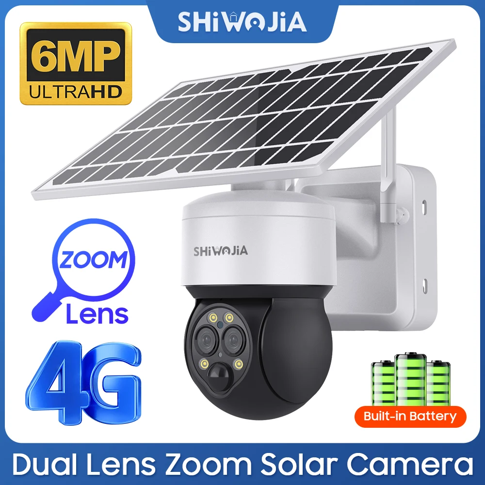

SHIWOJIA 12X ZOOM 6MP Solar Powered Camera 4G SIM Outdoor WIFI Solar Battery Surveillance Video CCTV Security PIR Motion Cameras