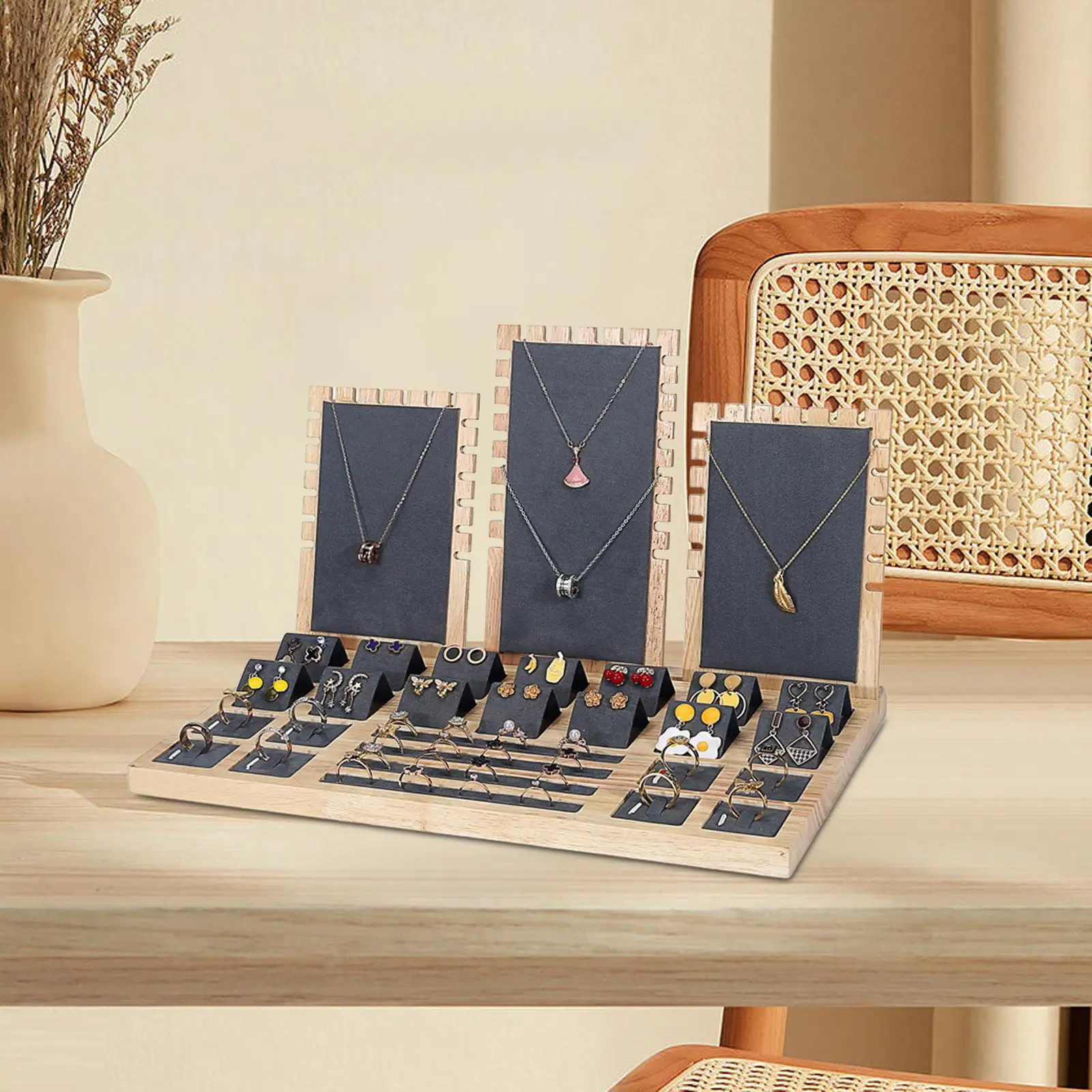 

Necklace Display Boards Rings Bracelet Ear Studs Display Holder Wood Showcase Gray for Show Practical Tabletop Organizer Sturdy