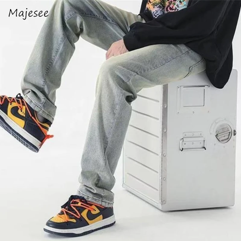 

Джинсы мужские в стиле Харадзюку, шикарные универсальные винтажные потертые джинсовые брюки из потертого денима, уличная мода для колледжа, осень